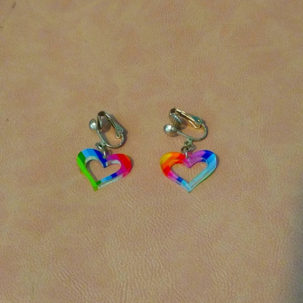 Heart Rainbow Clip On Earrings